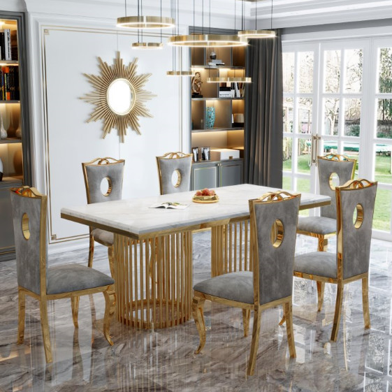 Quality Medium Size Dining Room Furnitures Stainless Steel Marble Dining Table Flannel / PU Chair for sale