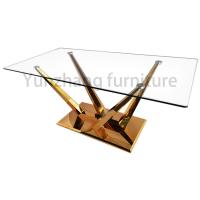 China Unique Clear Glass Dining Table Golden SS201 Base For Family Use factory
