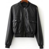 China Ladies PU Leather Down Jacket , Zipper Short Warm Black Leather Bomber Jacket factory