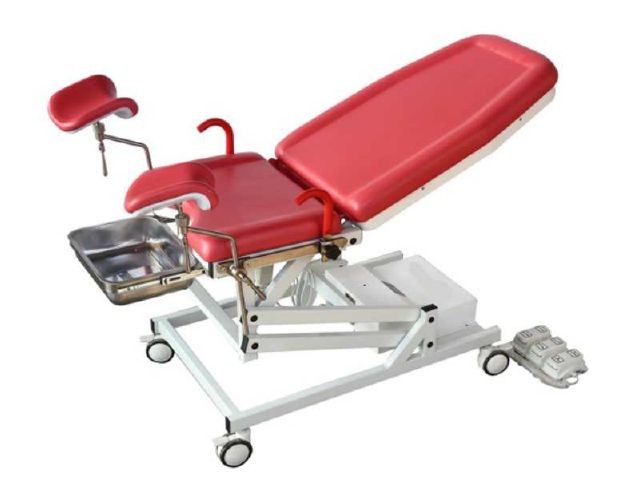 China Gynecology Pink Metal Gynecological Examination Table with 5 Inch Casters factory