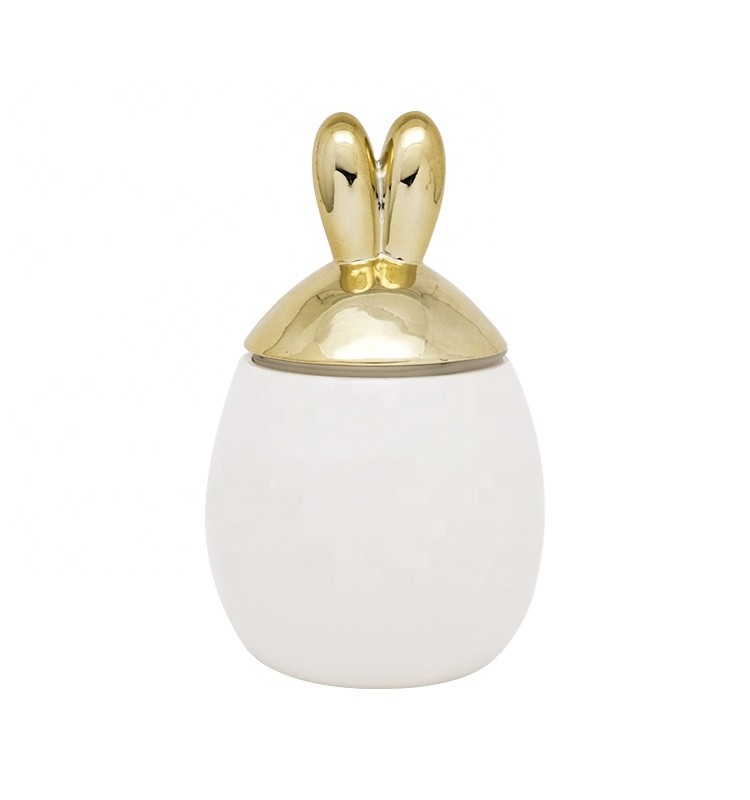 China Latest Easter Rabbit Cookie Sugar Coffee Ceramic Storage Canister With 3D Golden Electroplated Lid factory
