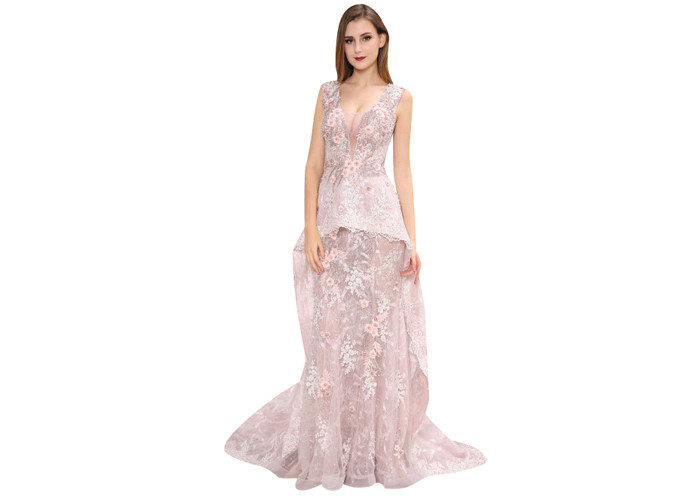 China Pink Appliqued Lace Sleeveless Arabic Wedding Guest Dresses Long Prom Gown factory
