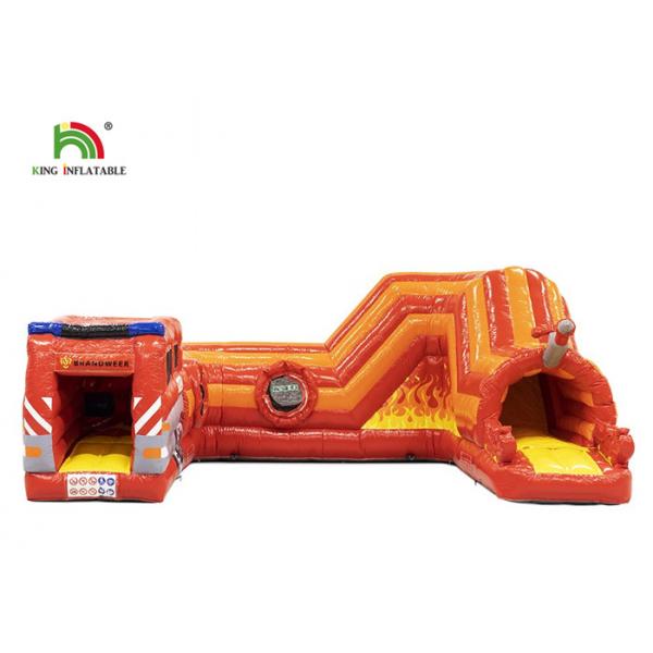 Quality PVC 0.55mm 21ft Red Fire Truck Inflatable Obstacle Course For Kids for sale