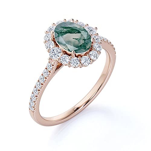 Quality Oval Moss Agate Moissanite Diamonds Floral Halo Engagement Ring Green Gemstone for sale