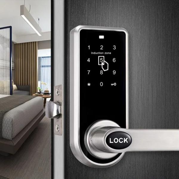 Quality Brushed Electroplated Zinc Alloy Half-Auto Touchscreen Smart Hotel Door Lock Code RFID Card Access Optional Bluetooth for sale