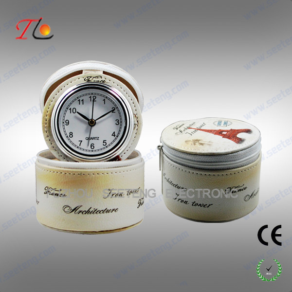 China Charming Flower printing leather PU travel clock with leather jewel box factory