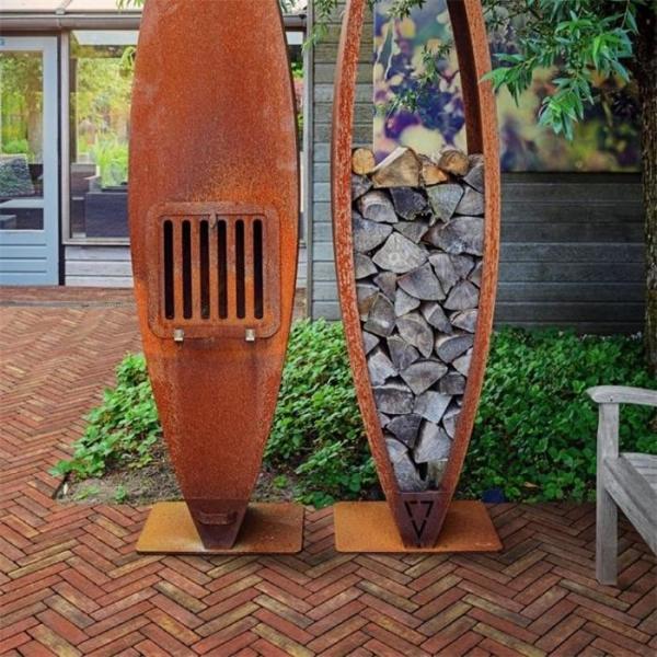 Quality Large Garden Corten Steel Structure Sinking Canoe Shape Wood Storage Sculpture for sale