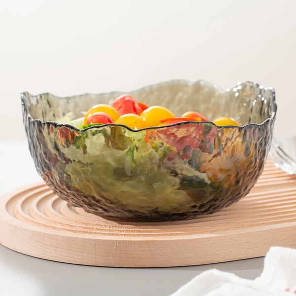 China Smoked Extra Large Glass Kitchen Wares 35 Oz Irregular Glass Salad Serving Bowl factory