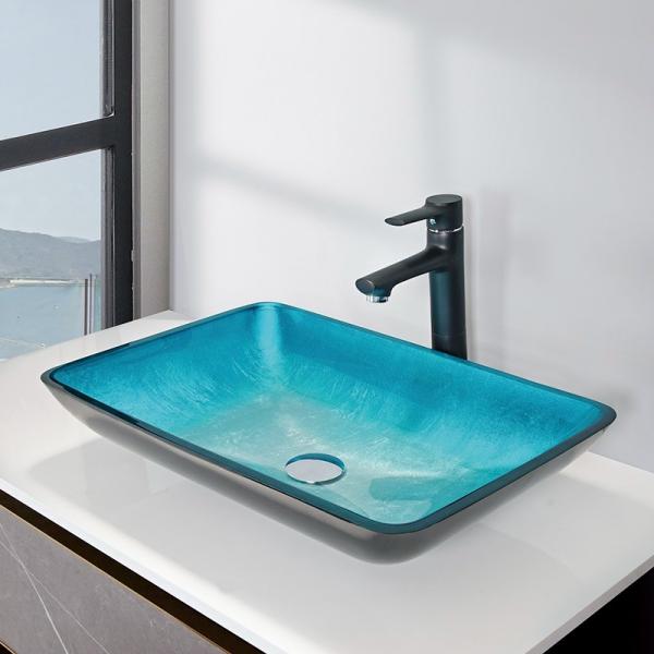Quality Tempered Glass Blue Rectangle Vessel Sink 560 * 360 * 110mm With Faucet for sale