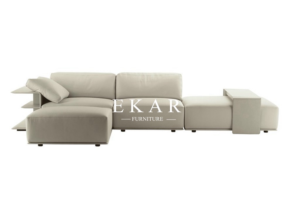China European Modern Style World Class Living Room Furniture Off-white and Brown Fabric and Leather Sectional Sofa Sets factory