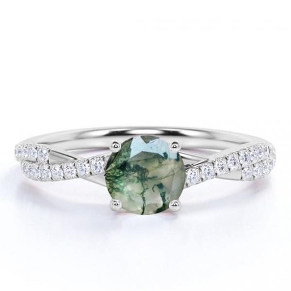 Quality Round Natural Druzy Moss Green Agate And Moissanite Pave Twisted Infinity Engagement Ring for sale