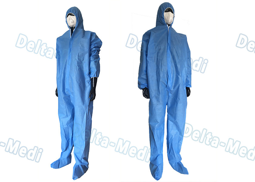 China Safe Disposable Coverall Suit , SMS Disposable Blue Coveralls With Hood / Boots Integral for sale