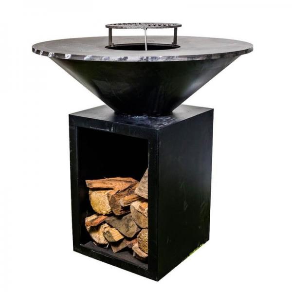 Quality Outdoor Black Charcoal BBQ Grill Metal Barbecue Fire Table With Wood Storage for sale