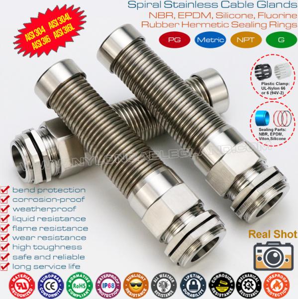 SS304 / SS316 Stainless Steel Metallic PG Cable Glands IP68 with Spiral Protecting Spring
