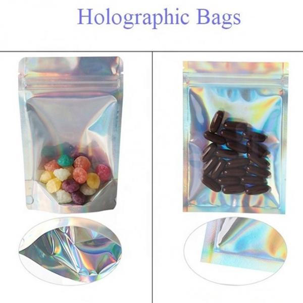 Quality 0.5OZ Holographic Stand Up Pouch Silver ziplockk Foil Bag Pouches With Tear Notch for sale