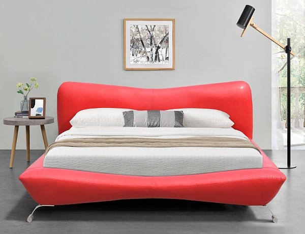 China Red Faux Leather Bed Frame Plywood Metal Legs Leather Bed Manufacturers factory