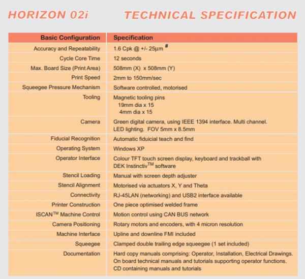 DEK Horizon 02i machine specifications