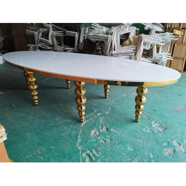 Quality Oval MDF Wedding Banquet Tables Banquet Style Wedding Reception Tables Ss Gold Ball Legs for sale