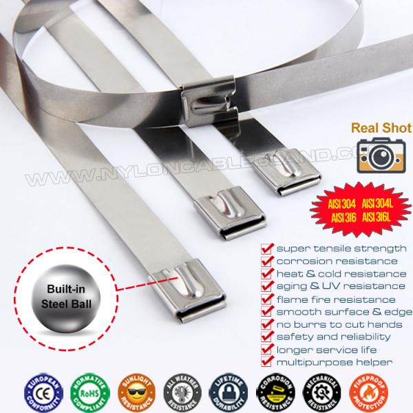 Quality 7.9mm Width Self-locking Metal Cable Ties, 100-1000mm Length Ball-locking Tie Straps Stainless Steel 304/316/316L for sale