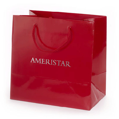 Quality Red Glossy Paper Gift Bag With Nylon Handle Silver Stamping for sale