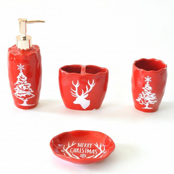 Quality Red Color Ceramic Bathroom Set With Christmas Trees Deer Pattern for sale