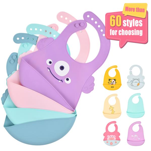 Quality Cartoon Silicone Feeding Bib Purple Rubber Bib With Pocket Waterproof for sale