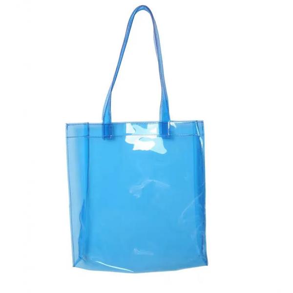 Quality Hot Stamping Clear PVC Tote Bag Blue Black Clear Plastic Shopping Tote for sale