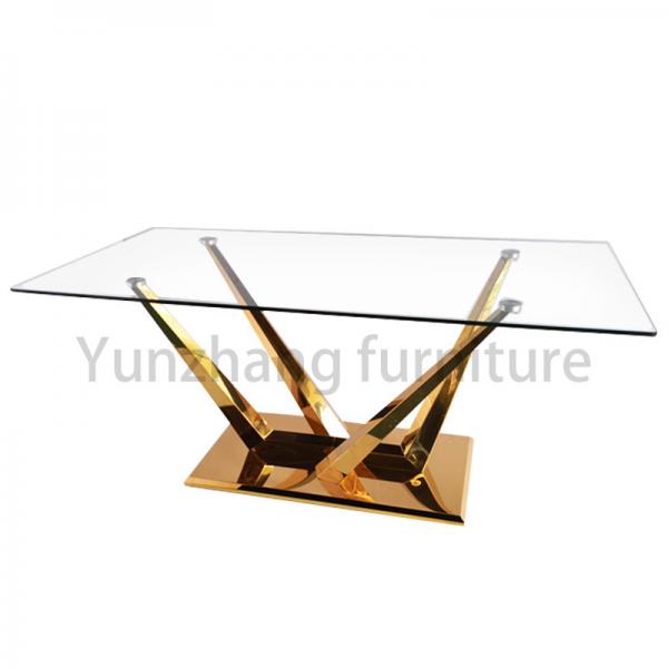 Quality Modern Hotel Furniture With Glass Tabletop Gold Steel Dining Table for sale