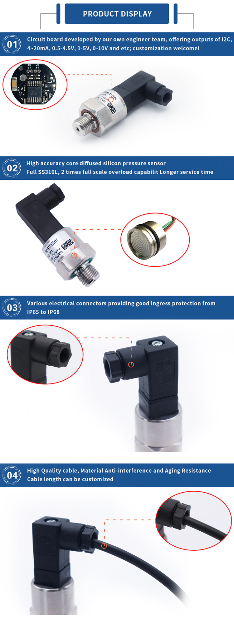 Compact IP65 Hydraulic Pressure Sensor 4 - 20ma 0.5V - 4.5V