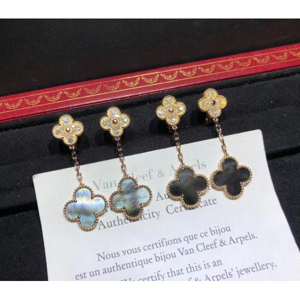 Quality 2 Motifs 18K Rose Gold Magic Alhambra Earrings With Grey Mother Of Pearl High end custom jewelry manufacturer for sale