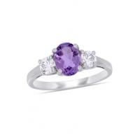 China Oval Cut Amethyst and Created White Sapphire 3-Stone Ring in Sterling Silver factory