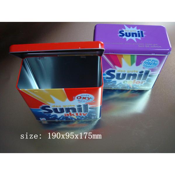 Quality Sunil Washing Powder Metal Tin Container Box / Lid With Hinger , Silver Inside for sale