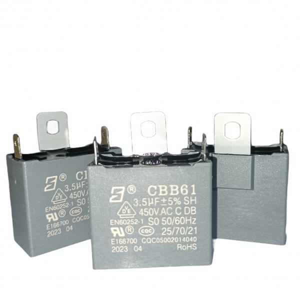 Quality CBB61 Fan Capacitor 450V 3.5UF Film Capacitor RoHS 25 / 70 / 21 Stralght Lug for sale