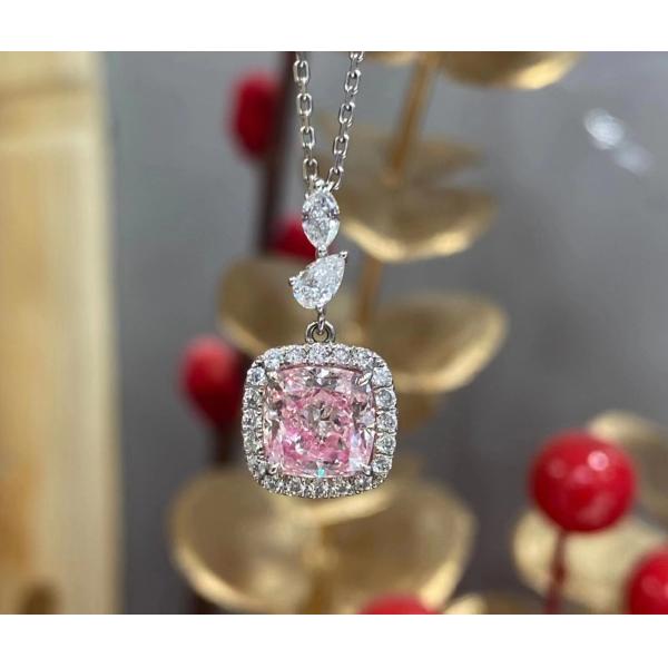 Quality 1.63ct Pink Cushion Cut Laboratory VS Diamond Necklace 18k White Gold Customize Service for sale