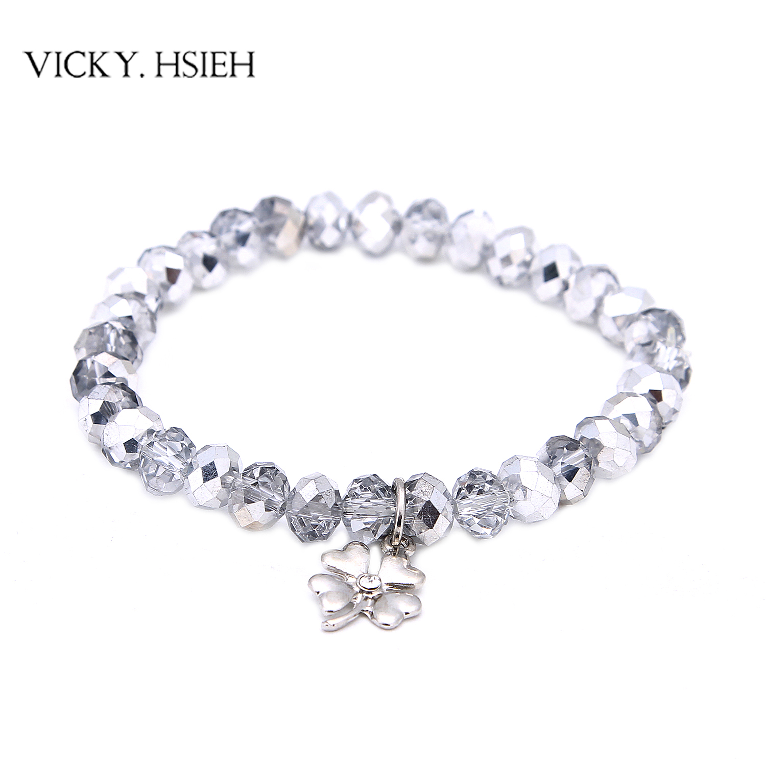 China VICKY.HSIEH Best Basic Half Silver Coated Glass Crystal Beads Stretch Bracelet with Clover Charm factory