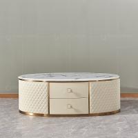 China Beige Coffee Dining Table With 2 Drawers 20mm Faux Marble On Top Golden Stainless Steel Legs for sale