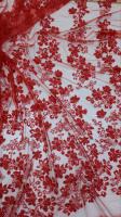 China French Chantilly Floral Red Beaded Lace Fabric , Hand Beaded Mesh Fabric For Wedding Dress factory