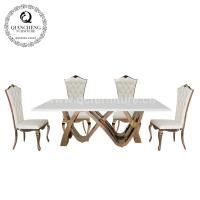 China 78inch Luxury Marble Dining Table 8 Seater Stainless Steel Metal Legs for sale
