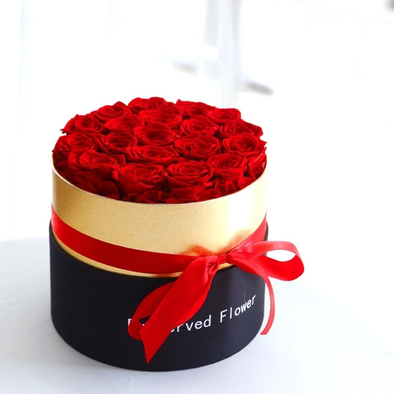 China Long Lasting Preserved Rose In Box Suede Round Boxes Preserved Roses Box Gifts factory