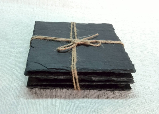 Quality Rough Rim Plain Stone Coasters , 4 Black Slate Coasters Natural Surface for sale