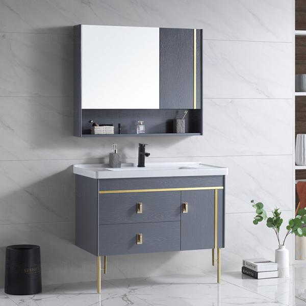Quality Solid Wood Floor Mount Bathroom Vanities With HD Silver Mirror for sale