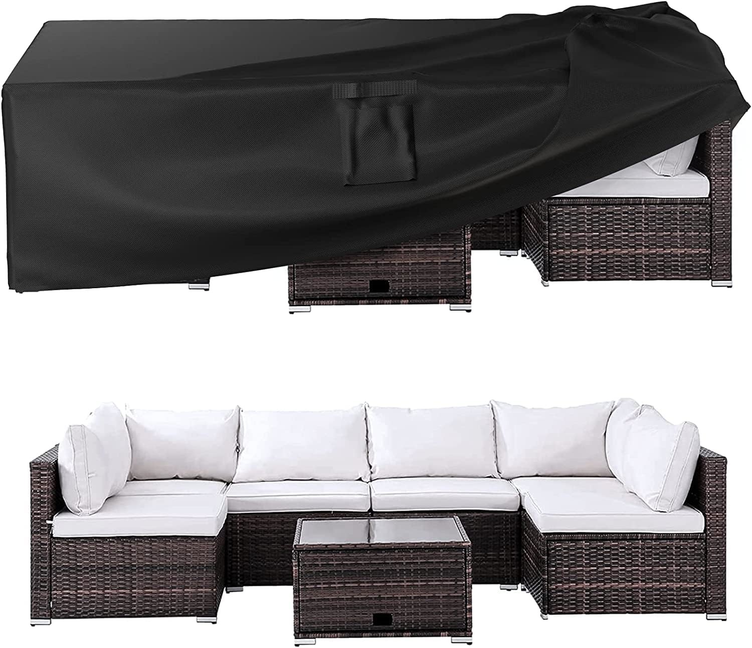 China Outdoor Waterproof Patio Furniture Covers,420D Oxford Polyester Black Rectangular Sectional Furniture Set Covers factory