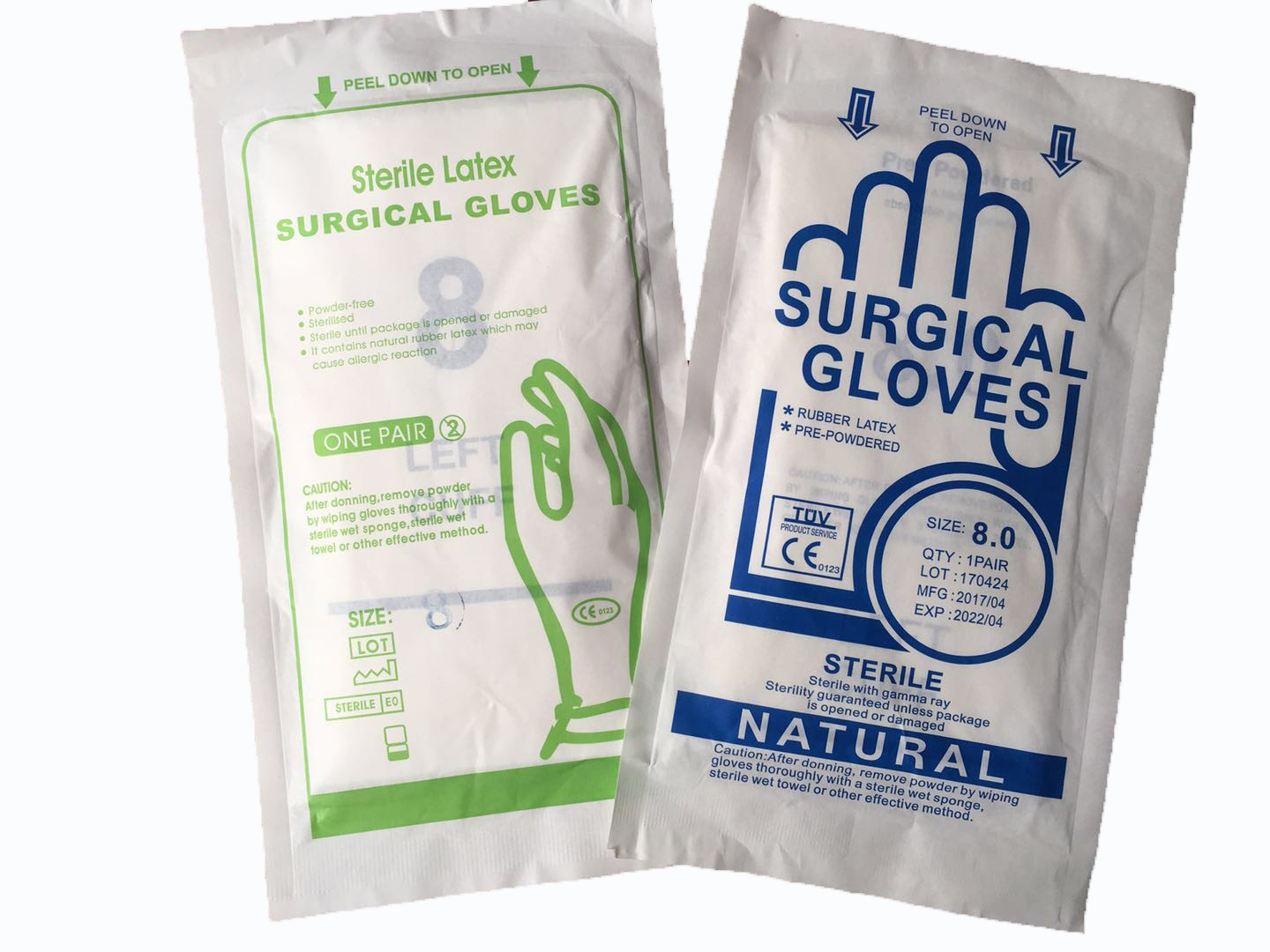 China Disposable latex sterilized surgical gloves,powdered free.White color. One pair/pouch factory