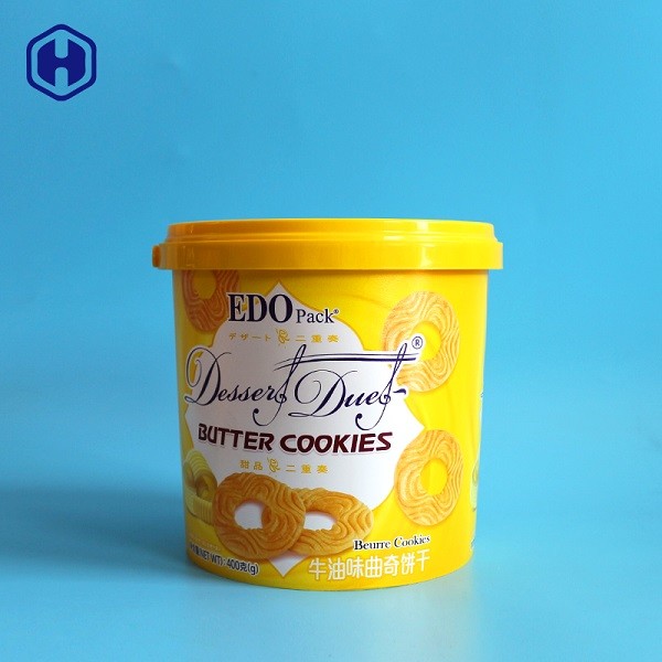 Quality Cream Biscuit IML Bucket Customize Yellow Empty Plastic Cylinder Container for sale