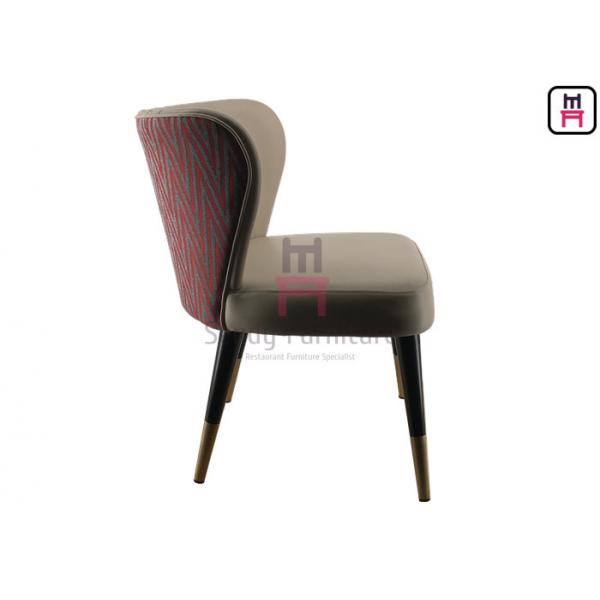 Quality Leather Upholstered Dining Chair Mini Armrest Fan - Shaped Back Metal Frame for sale