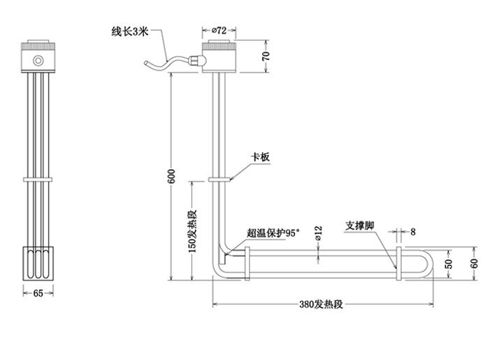 China PTFE Tubular Immersion Heater Element 415V 3P 2KW factory