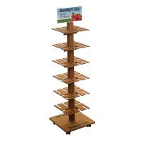 China 4 Sided Revolving Display Stand Wooden Fruit Display Shelf with Wheels factory