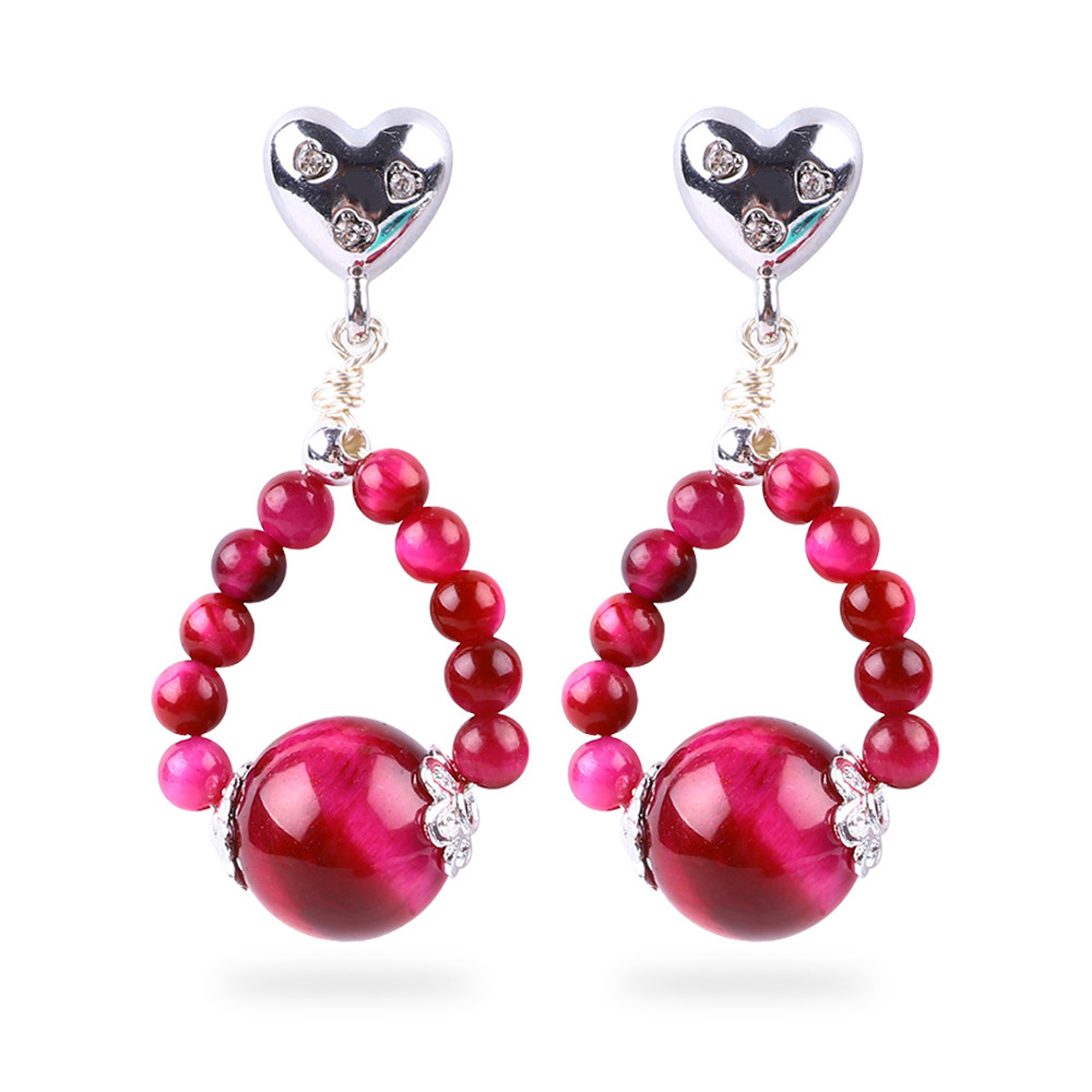 China Handmade Crystal Stone Earrings Rose Red Tiger's Eye Gemstone Beaded Heart Charms Pendant Earrings factory