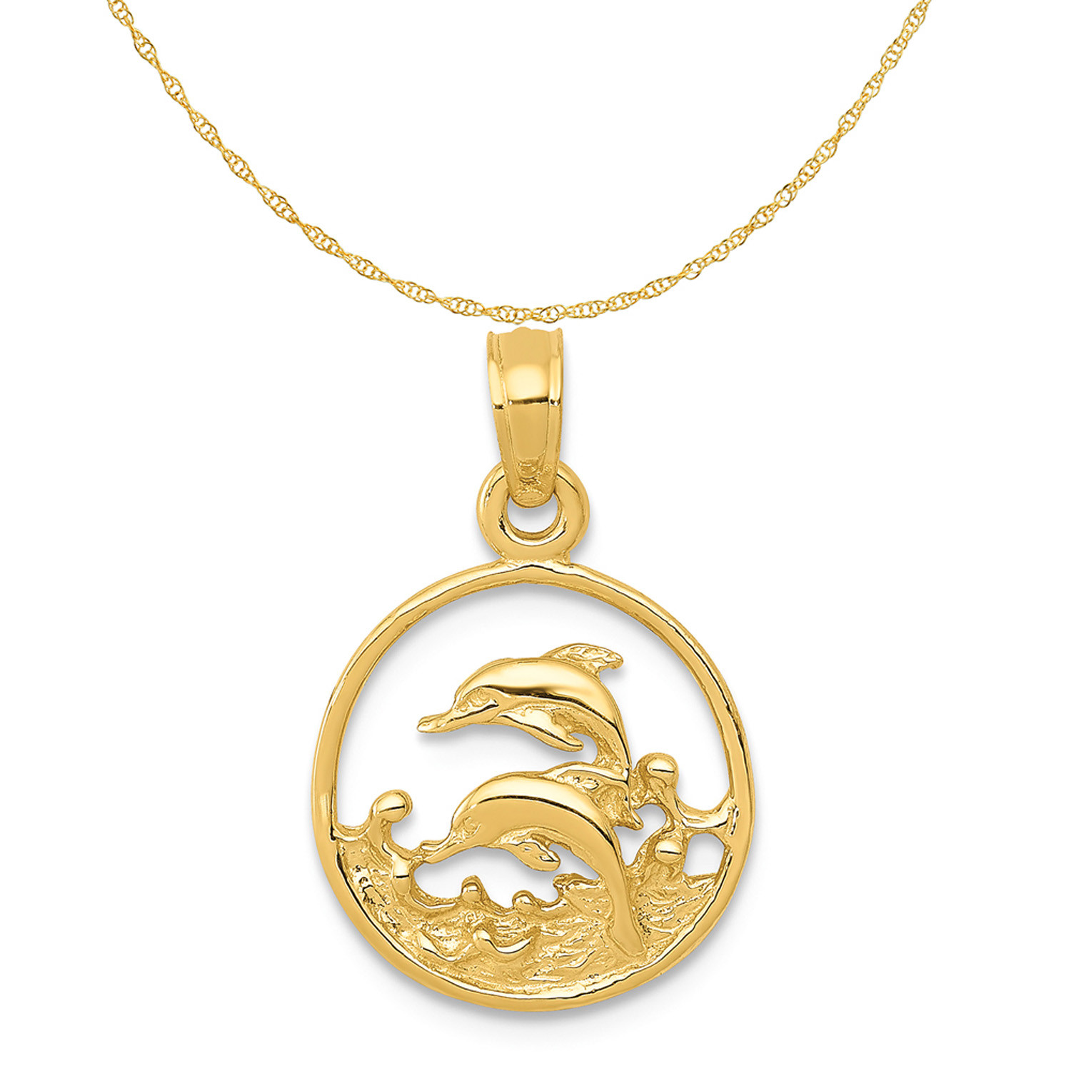 China Carat in Karats 14K Yellow Gold Double Dolphin Circle Pendant Charm With 10K Yellow Gold Lightweight Rope Chain Necklace factory
