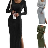 China 2024 Autumn and Winter New Long sleeved Round Neck Split Knitted Long Dress for Women factory